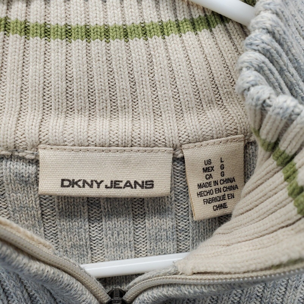 DKNY Sweater Mens Large Gray‎ Chunky Knit Ribbed Stretch Mock Neck Quarter Zip - Picture 3 of 7